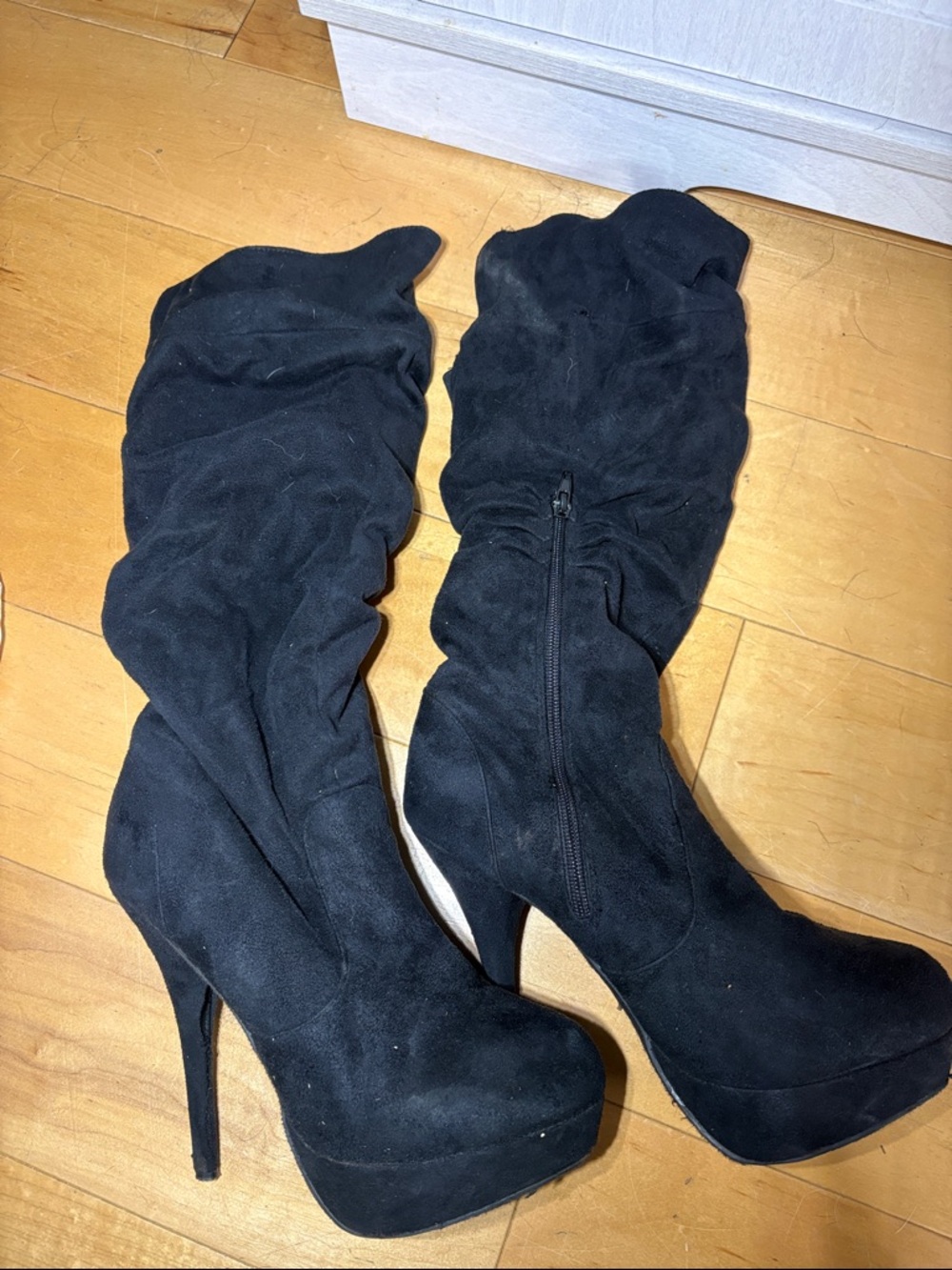 Black Suede High-Heel Platform Knee Boots